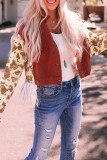 Red Abstract Print Sleeve Back Fringed Cropped Denim Jacket