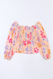 Pink Plus Size Floral Puff Sleeve Smocked Peplum Top