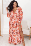 Orange Plus Size Floral Print V Neck Wrap Side Slit Maxi Dress