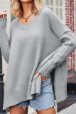 Plain V Neck Knitting Split Hem Sweater