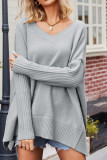 Plain V Neck Knitting Split Hem Sweater