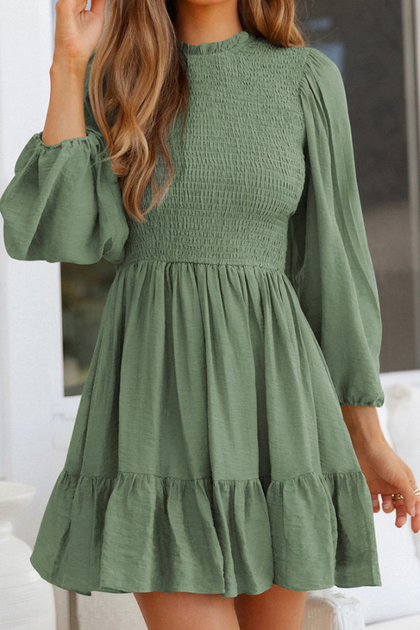 Plain Frill Collar Smock Puff Ruffles Dress