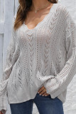 Grey V Neck Crochet Knit Sweater