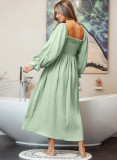 Green Smoked Flounce Sleeve Textured Empire Waist Dress
