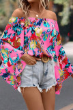 Rose Abstract Floral Print Off-shoulder Bell Sleeve Blouse