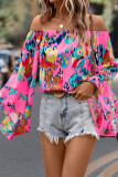 Rose Abstract Floral Print Off-shoulder Bell Sleeve Blouse