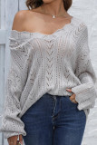 Grey V Neck Crochet Knit Sweater