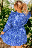 Blue Plus Size Spotted Print Split Neck Ruffle Mini Dress