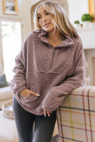 dusty pink Collared Neckline Half Zip Fluffy Pullover Sweatshirt