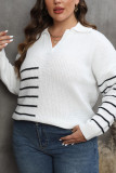 Cut V Neck Splicing Stripe Knit Plus Size Sweater