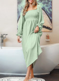 Green Smoked Flounce Sleeve Textured Empire Waist Dress
