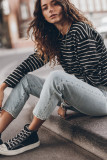 Black Retro Striped Casual Long Sleeve Top