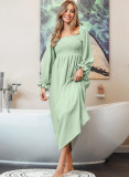 Green Smoked Flounce Sleeve Textured Empire Waist Dress