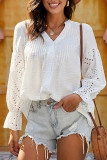 Eyelet Embroidery Lace Sleeves V Neck Button Shirt