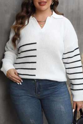 Cut V Neck Splicing Stripe Knit Plus Size Sweater