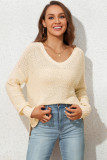 Beige Solid Fuzzy V-Neck Sweater