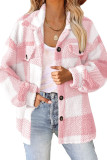 Lapel Pockets Button Up Fleece Plaid Jacket