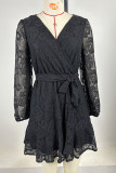 Black V Neck Lace Flower Ruffle Dress