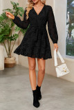 Black V Neck Lace Flower Ruffle Dress