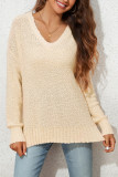 Beige Solid Fuzzy V-Neck Sweater