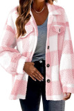 Lapel Pockets Button Up Fleece Plaid Jacket