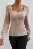 Khaki Square Neck Bubble Sleeve Textured Knit Top