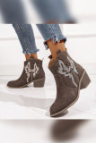 Brown Embroidery Wedge Ankle Boots