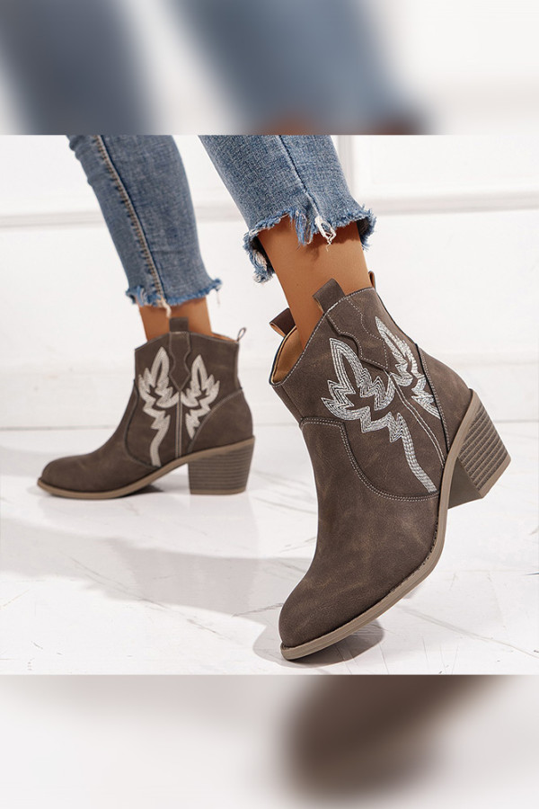 Brown Embroidery Wedge Ankle Boots