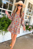 Multicolor Floral Neck Tie Long Sleeve Flared Dress