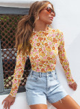 Multicolor Floral Lettuce Hem Long Sleeve Crop Top