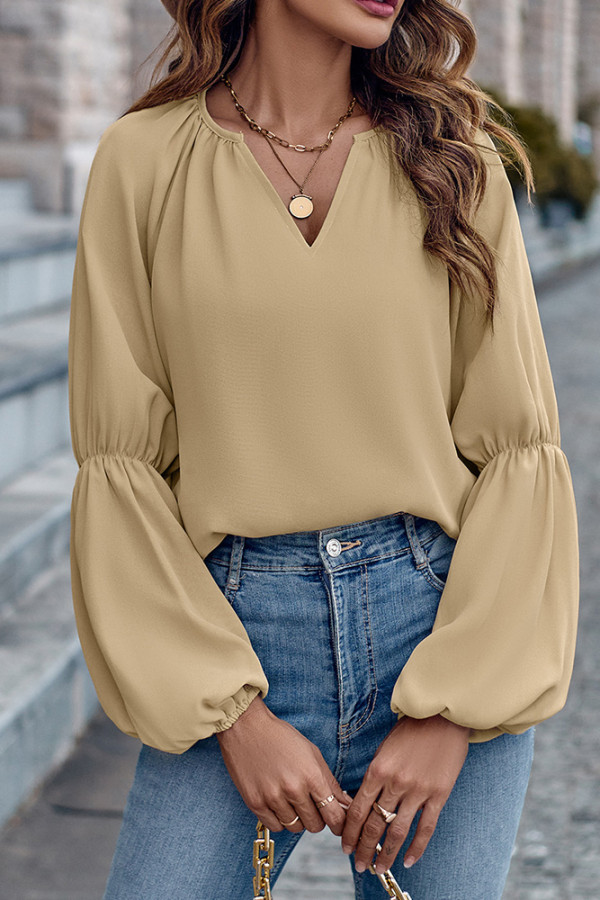Plain V Neck Puff Sleeves Top