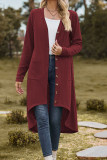 Plain Jacquard Open Button Pockets Irregular Length Cardigan
