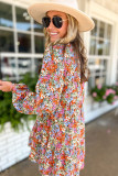 Multicolor Floral Neck Tie Long Sleeve Flared Dress
