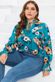 Sky Blue Floral Print V Neck Plus Size Blouse