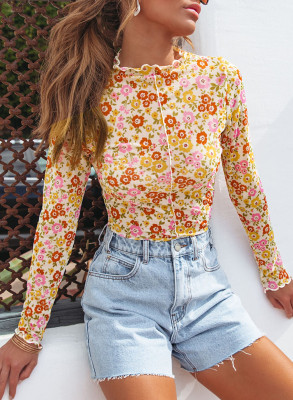 Multicolor Floral Lettuce Hem Long Sleeve Crop Top