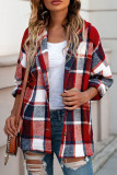 Red Hooded Plaid Button Front Shacket