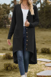 Plain Jacquard Open Button Pockets Irregular Length Cardigan