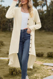 Plain Jacquard Open Button Pockets Irregular Length Cardigan