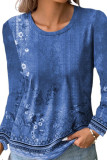 Crew Neck Fade Floral Print Long Sleeves Top