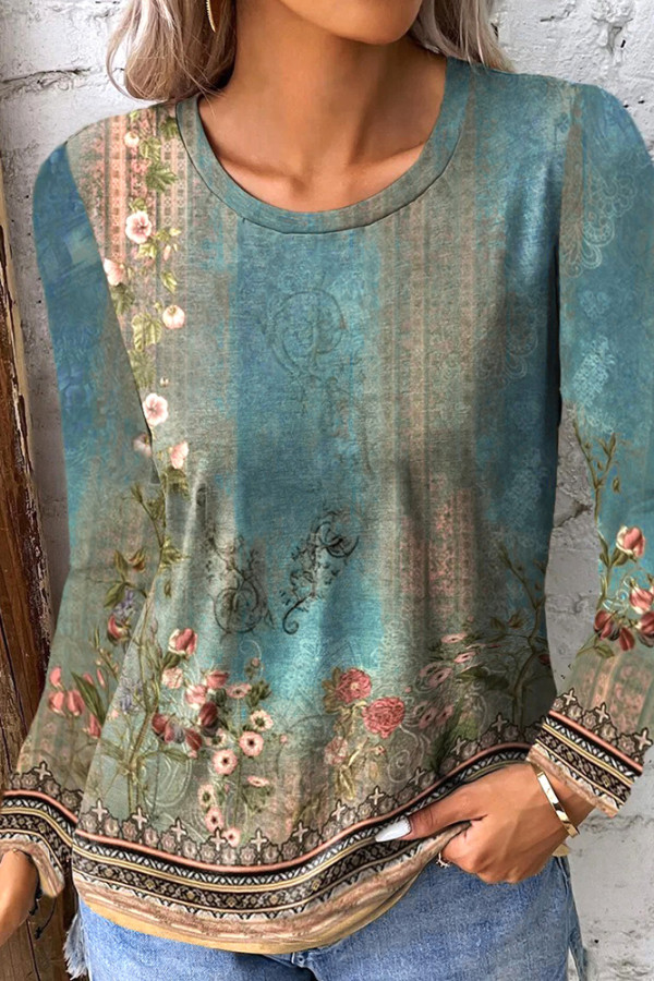 Crew Neck Fade Floral Print Long Sleeves Top