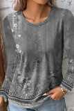 Crew Neck Fade Floral Print Long Sleeves Top