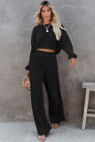 Black Corded Cropped Pullover and Wide Leg Pants Set