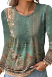 Crew Neck Fade Floral Print Long Sleeves Top