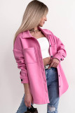 Pink Solid Color Pocketed Button up Long Sleeve Shacket
