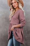 Pink Waffle Knit V Neck Long Sleeve Babydoll Top