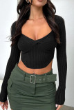 Plain Twisted Open Bust Rib Long Sleeves Crop Top