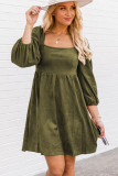 Pickle Green Suede Square Neck Puff Sleeve Dress