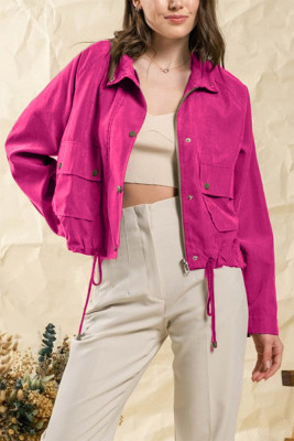 Plain Open Zipper Snap Button Jacket
