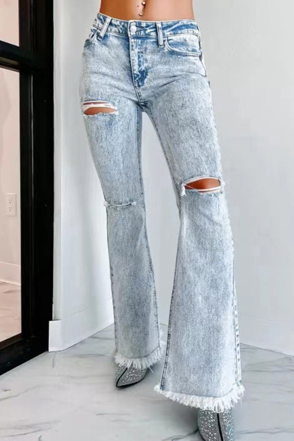 Ripped Raw Hem Flare Jeans