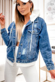 Sky Blue Distressed Contrast Hooded Denim Jacket with Pockets